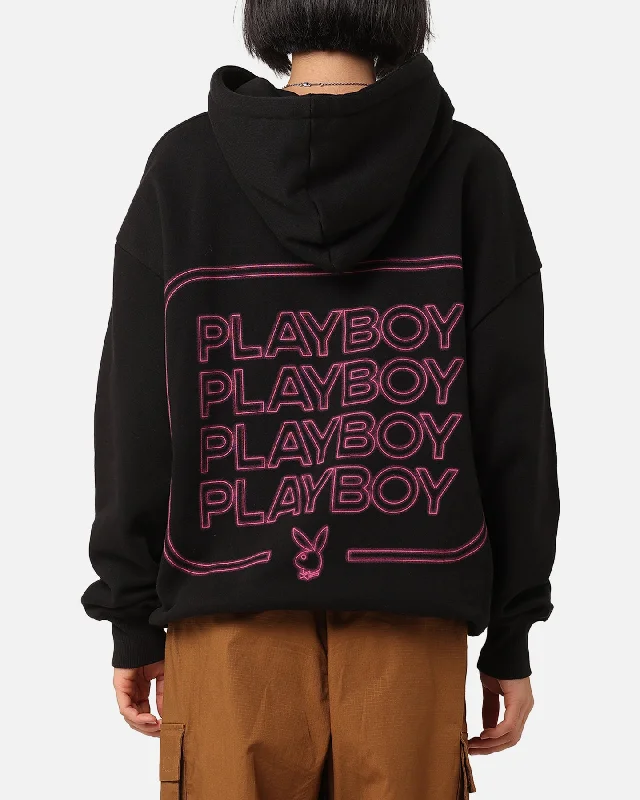 Women's Long Hoodies for Extra Coverage -Playboy Neon Stack Hoodie Black/Pink