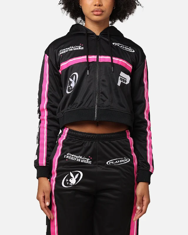Women's Cozy Hoodies for Fall and Winter -Playboy Women's Racing 1953 Cropped Zip Jacket Black Women's Cozy Hoodies for Fall and Winter -Playboy Women's Racing 1953 Cropped Zip Jacket Black