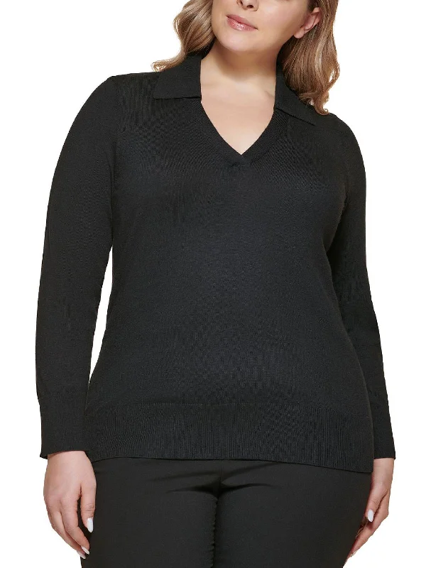 Women's Sweater with Chilly Weather Design-Plus Womens Ribbed Trim V-Neck Sweater