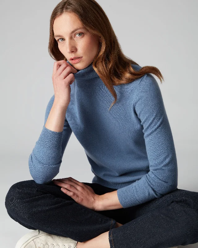 Women's Sweater with Deep V-neck-Women's Luna Turtle Neck Cashmere Sweater Alpine Blue