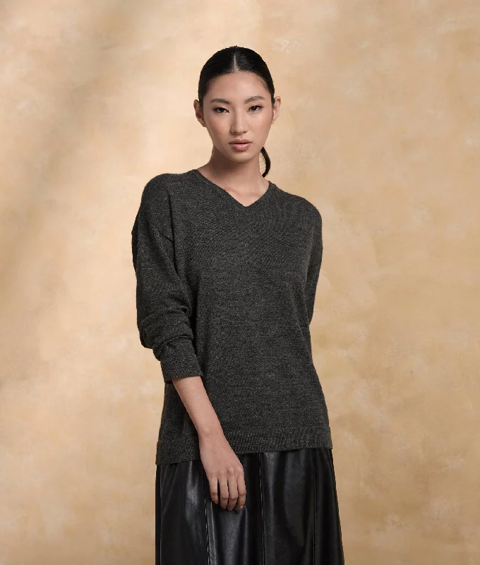 Women's Sweater for Layering Over Pants-Premium Alpaca Basic Vee Sweater gray