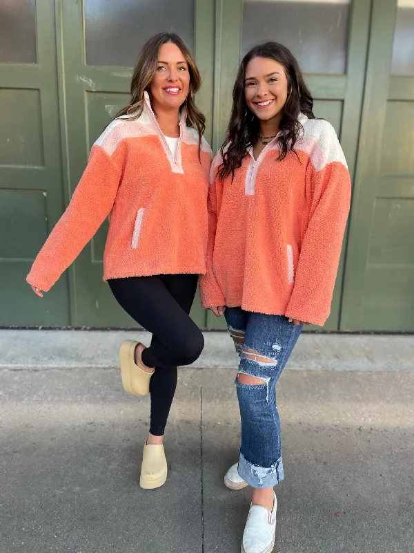 Women's Pullovers Sweater with Ribbed Edges-PREORDER: Half Zip Fleece Pullover in Sherbet Women's Pullovers Sweater with Ribbed Edges-PREORDER: Half Zip Fleece Pullover in Sherbet