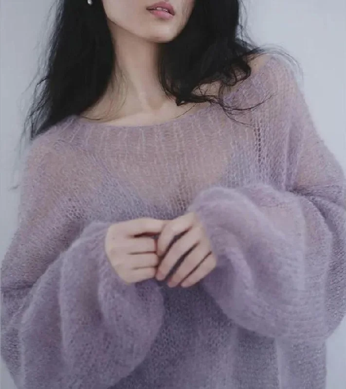 Women's Knit Sweater for Business Wear -Puff Sleeved Mesh Knit Sweater