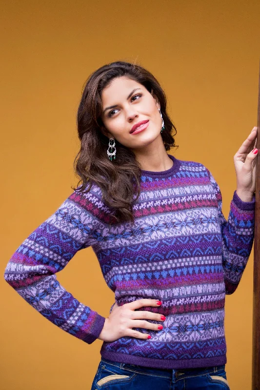 Women's Pullovers Sweater for Warm Layers-Purple Poppy Knit 100% Alpaca Snowflake Pattern Pullover Sweater