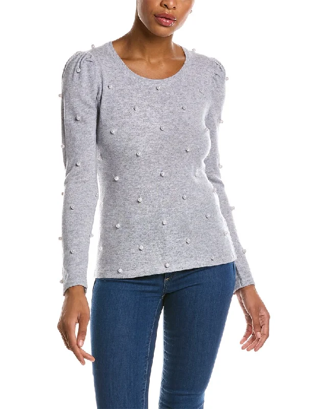 Women's Sweater with Long Knit Collar-Qi Cashmere Pearl Embellished Wool & Cashmere-Blend Sweater