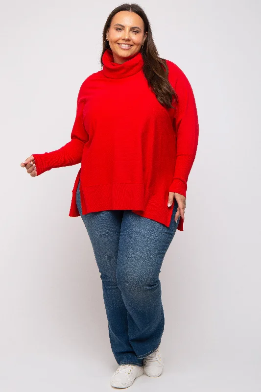 Women's Sweater with Alluring Detail-Red Cowl Neck Dolman Sleeve Plus Sweater