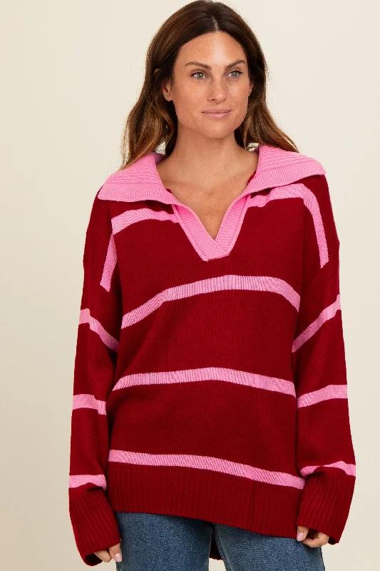 Women's Sweater for Classic Winter Style-Red Striped Collared Sweater