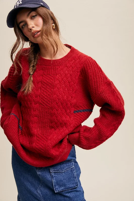 Women's Sweater for Cozy Evenings-Red Striped Mixed Cable Knit Sweater