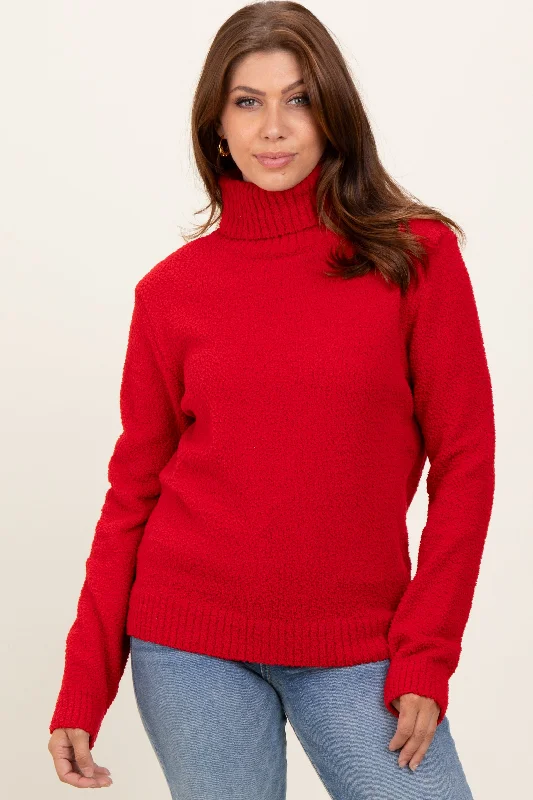 Women's Sweater for Cold Mornings-Red Turtleneck Chenille Knit Sweater