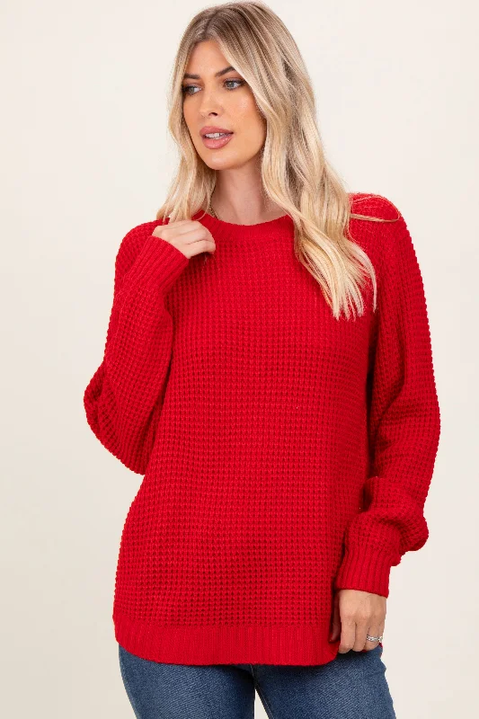 Women's Sweater with Stand-up Collar-Red Waffle Knit Rounded Hem Sweater