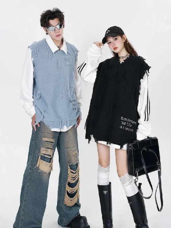 Women's Knit Sweater with Wide Sleeves -Ripped Tasseled Sweater Vest