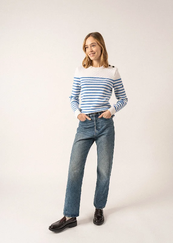 Women's Sweater for Versatile Layering-ROCHEFORT - Breton Sweater With Button Shoulder for Women | 100% Comfort Wool (IVORY / OXYGEN BLUE) Women's Sweater for Versatile Layering-ROCHEFORT - Breton Sweater With Button Shoulder for Women | 100% Comfort Wool (IVORY / OXYGEN BLUE)