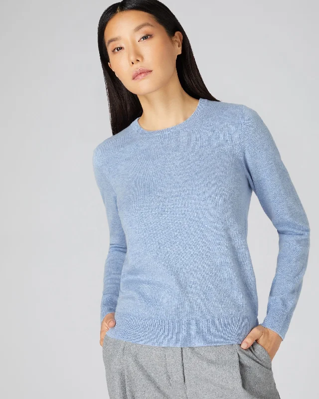 Women's Sweater with Decorative Buttons-Women's Evie Classic Round Neck Cashmere Sweater Cornflower Blue
