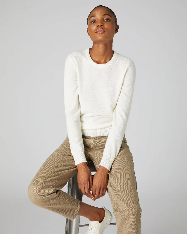 Women's Sweater with Unique Sleeve Design-Women's Evie Classic Round Neck Cashmere Sweater New Ivory White