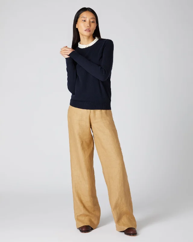 Women's Cardigan Sweater-Women's Evie Classic Round Neck Cashmere Sweater Navy Blue