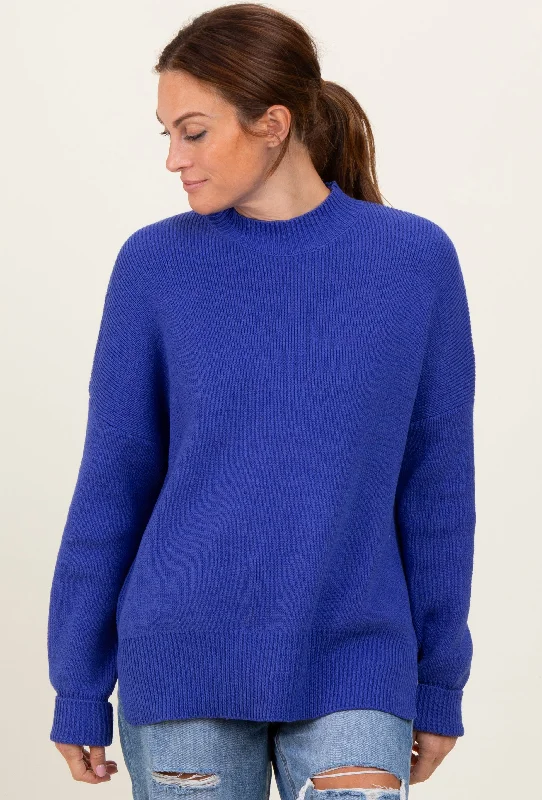 Fashionable Women's Sweater-Royal Blue Mock Neck Basic Sweater