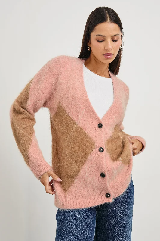 Women's Cardigans Sweater with Puff Sleeves-RUNI CARDIGAN - PASTEL ARGYLE