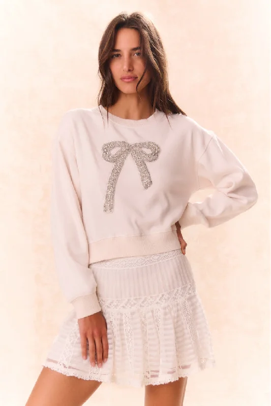 Women's Pullovers Sweater with Long Ribbed Sleeves-Rylan Bow-Embellished Fleece Pullover