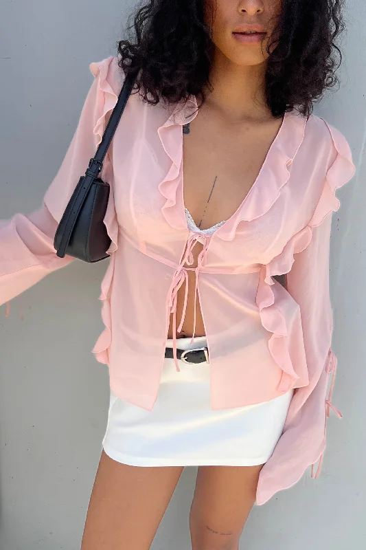 Women's Floral Blouses -CHIFFON RUFFLED BLOUSE WITH TIES