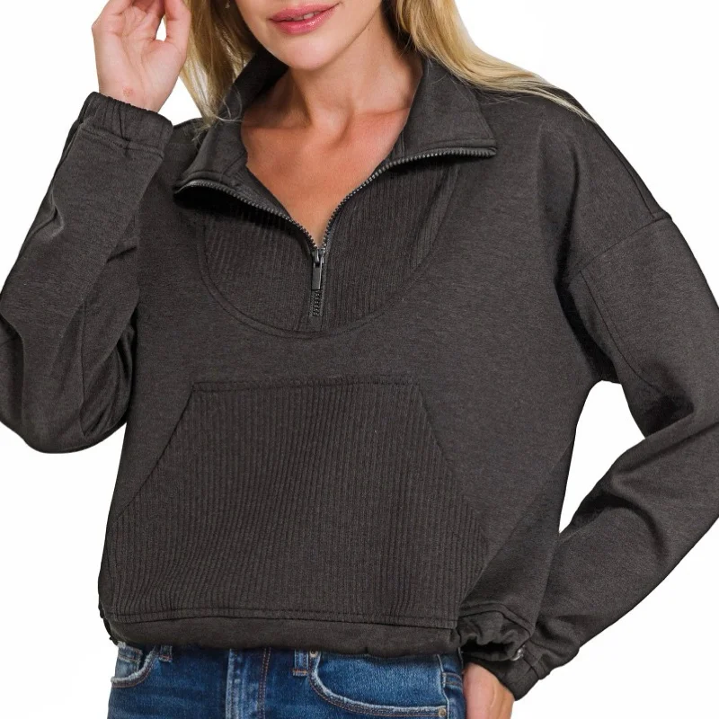 Women's Pullovers Sweater for Fall Fashion-So Me Scuba Half Zip Pullover Black
