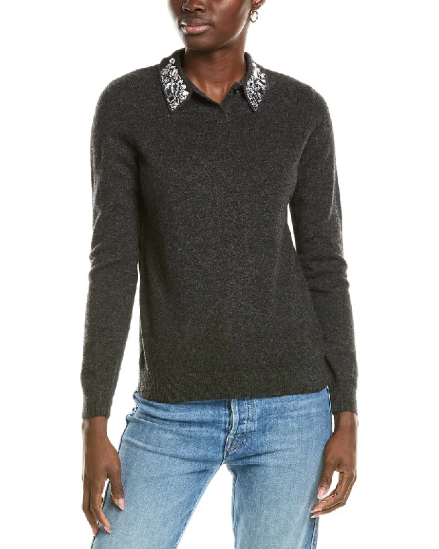 Women's Sweater for Warm Weather Layers-sofiacashmere Embellished Collar Cashmere Sweater