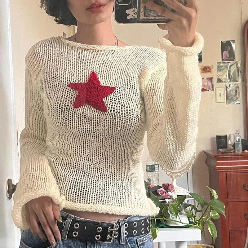Women's Knit Sweater for Everyday Style -Star Embroidery Knitted Top