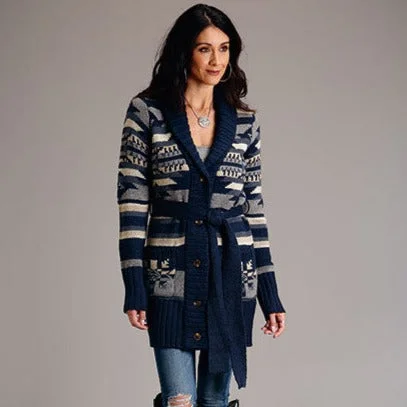 Women's Sweater with Unique Sleeve Design-Stetson Women's Belted Aztec Blue Sweater