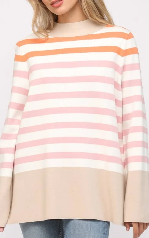 Women's Crewneck Pullovers Sweater-Stripe Mock Neck Bell Sleeve Pullover *PREORDER ITEM*