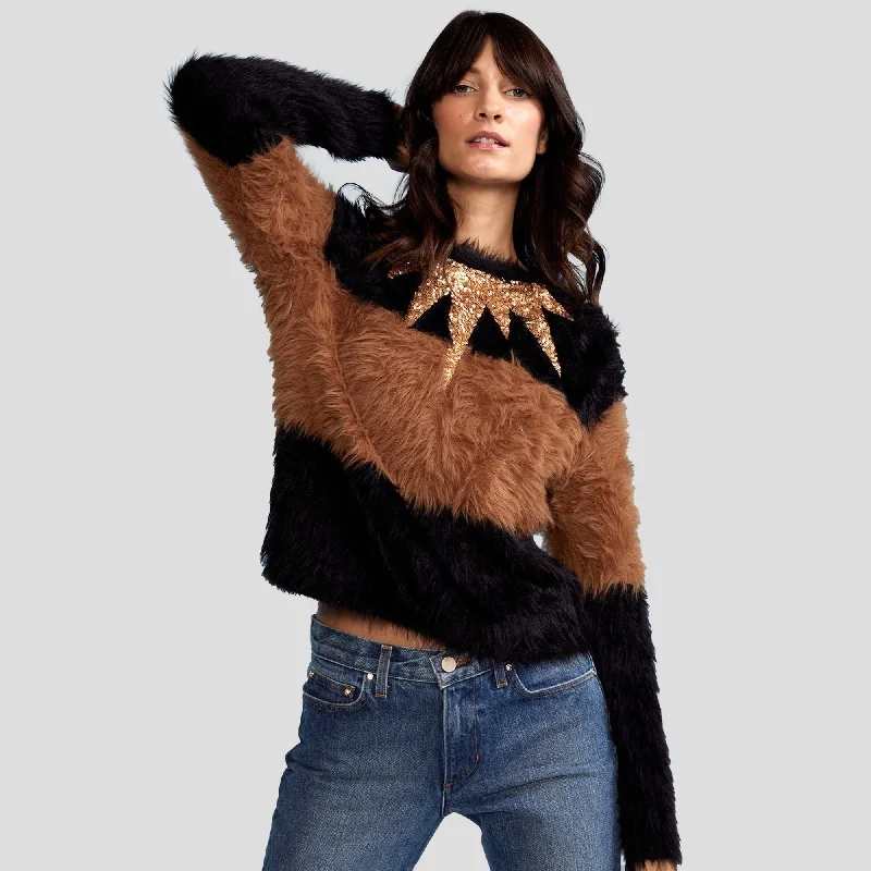 Women's Sweater with Contrast Trim-Stripe Sweater With Sequin Detail