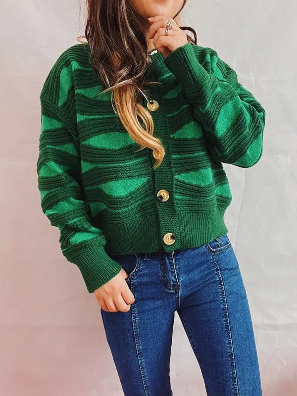 Women's Sweater for Comfortable Days-Striped Contrast Crewneck Short Cardigan