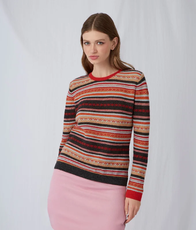 Women's Sweater with Loose Fit Style-Striped Links & Jacquard Sweater