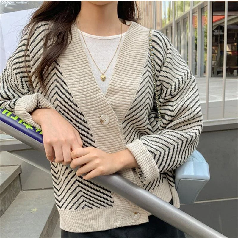 Women's Sweater for Outdoor Adventures-Striped Oversized Women Cardigan