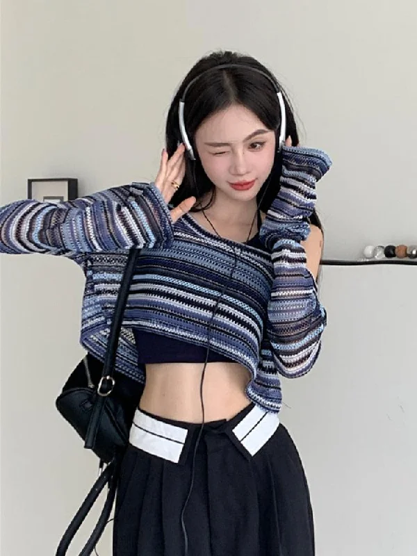 Women's Knit Sweater with Bold Colors -Striped Wide Neck Crop Sweater
