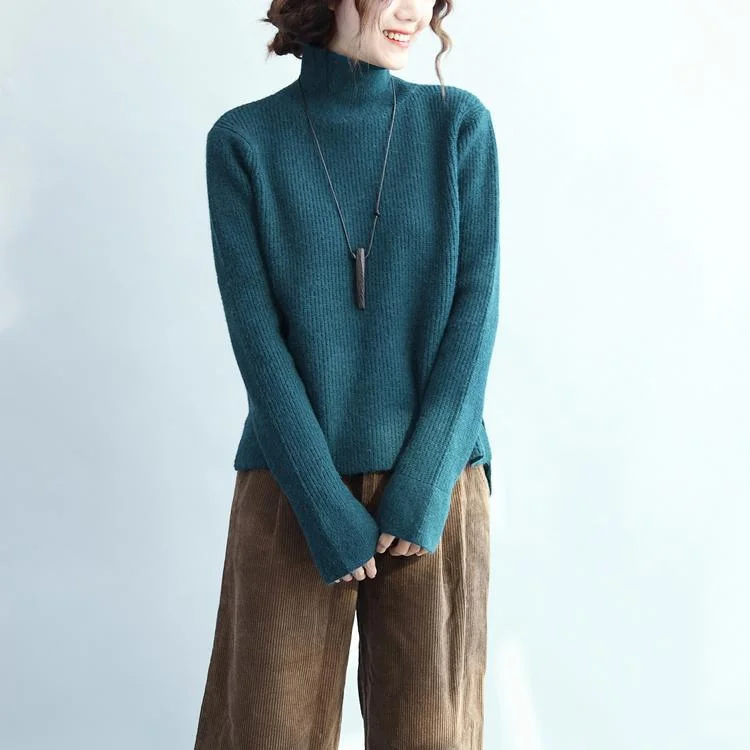 Women's Embroidered Shirts -stylish blue knit sweaters Loose fitting high neck knitted blouses New side open top