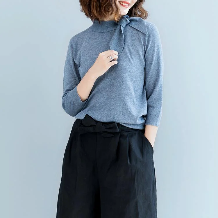 Women's Cotton Blouses -stylish blue  sweater oversized tie o neck knitted blouses Fine blouse