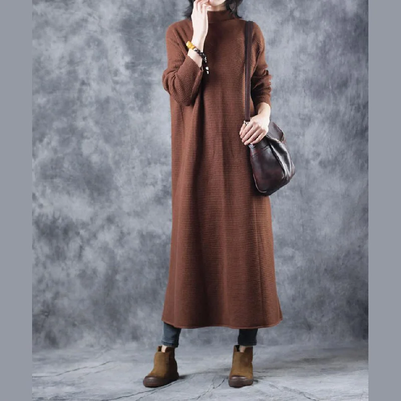 Women's Wool Pullovers Sweater with V-neck for Relaxed Fit-Stylish Brown Sweater Dress Loose Fitting High Neck Pullover Elegant Back Side Open Sweater Women's Wool Pullovers Sweater with V-neck for Relaxed Fit-Stylish Brown Sweater Dress Loose Fitting High Neck Pullover Elegant Back Side Open Sweater