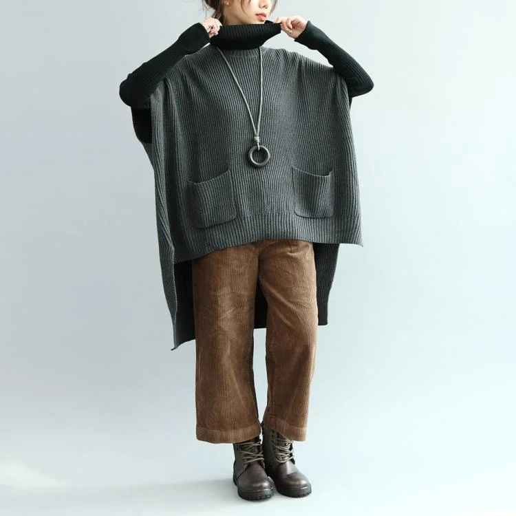 Women's Silk Shirts -stylish dark gray  sweaters Loose fitting low high design knitted tops top quality big pockets  blouse