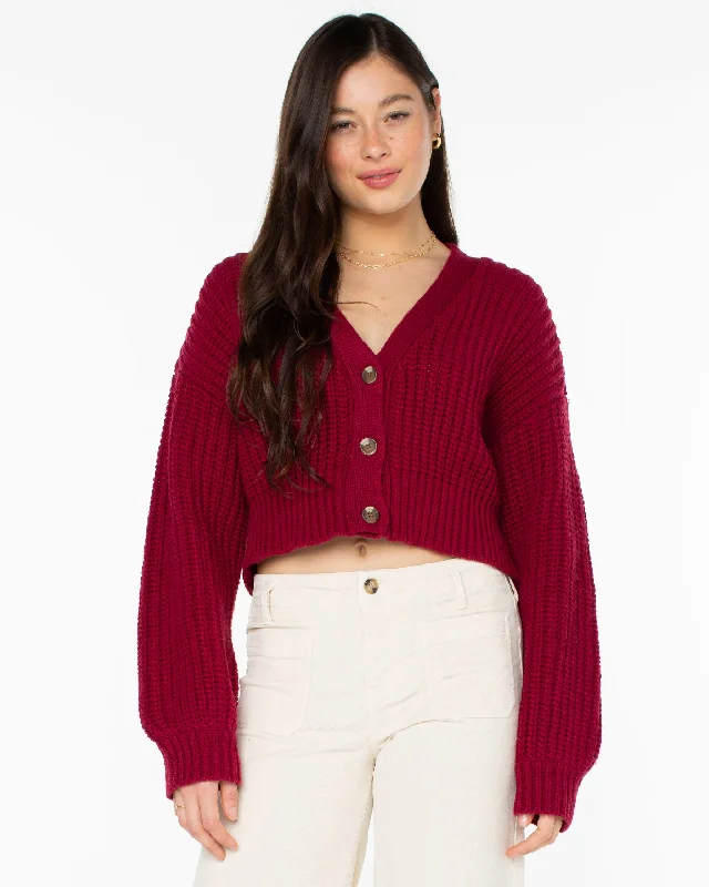 Women's Cardigans Sweater with Elegant V-neck-Sundaze Washed Cardigan - Rumba Red