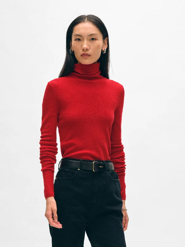 Women's Sweater with Round Hem-Superfine Merino Fitted Turtleneck