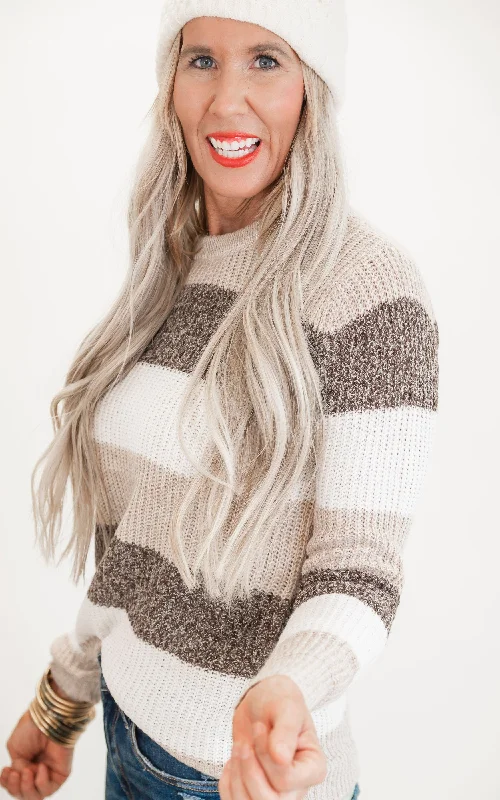 Women's Loose Fit Pullovers Sweater-Taupe/Brown Color Block Striped Pullover Sweater