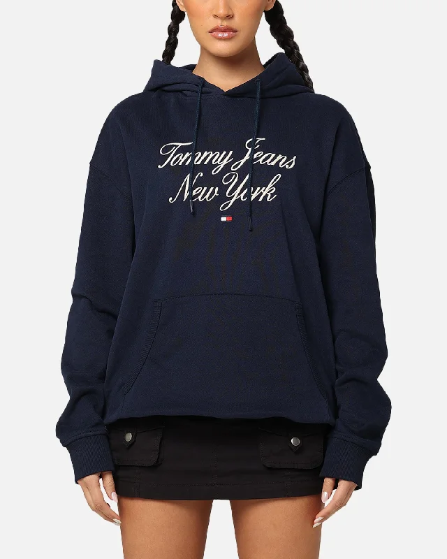 Women's Hoodies with Custom Graphics for Unique Look -Tommy Jeans TJM Luxe Serif Relax Hoodie Dark Night Navy