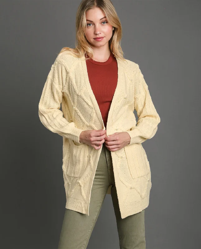 Women's Woolen Cardigans Sweater-Umgee Cable Knit Open Front Cardigan Sweater