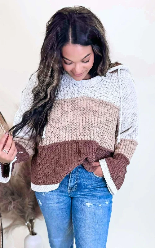 Women's Pullovers Sweater for Casual Comfort-V-neck hooded color block pullover sweater