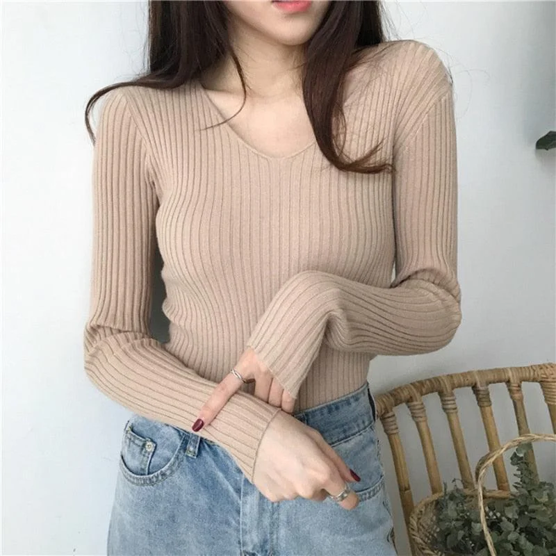 Women's Sweater with Colorblock-V-Neck Slim Knitted Sweater