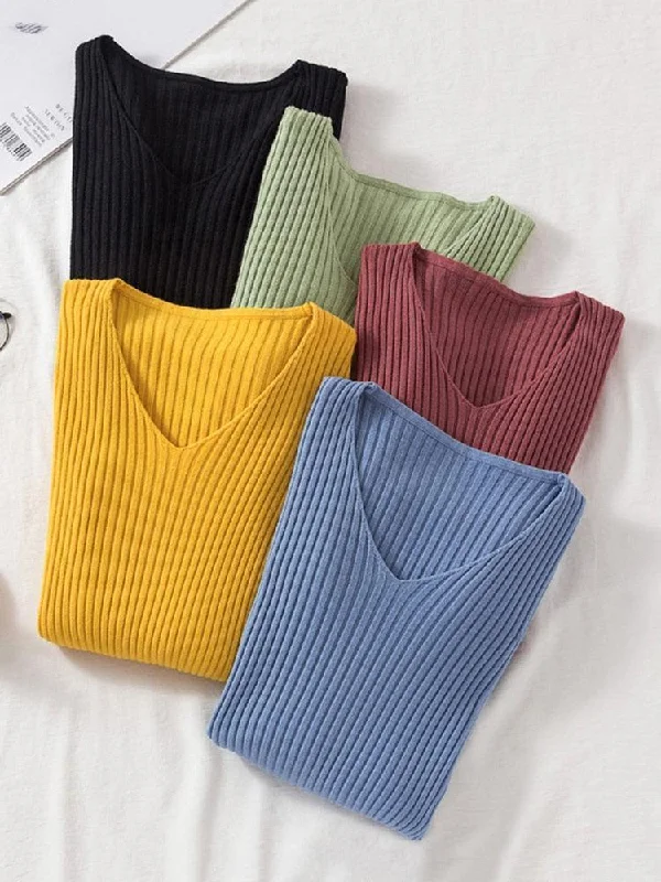 Women's Warm Knit Wool Pullover Sweater with Cuffs-V-Neck Women Pullover Sweater