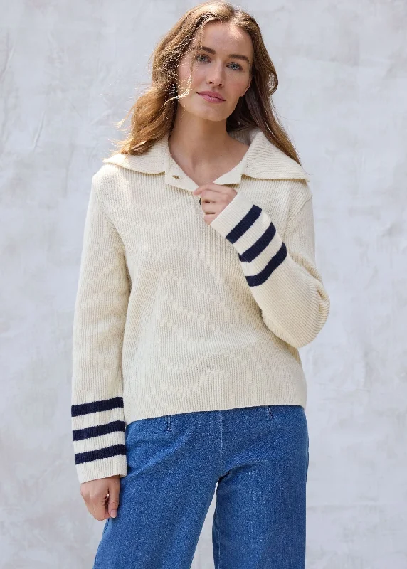 Women's Sweater with Smart Features-VANOISE - Button-Down Collar Sweater with Flared Long Sleeves | 100% Wool (IVORY / NAVY)