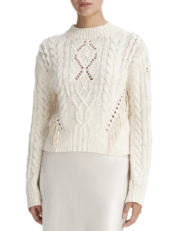 Women's Sweater with Faux Fur Details-Vince Fringe Cable Wool & Cashmere-Blend Sweater