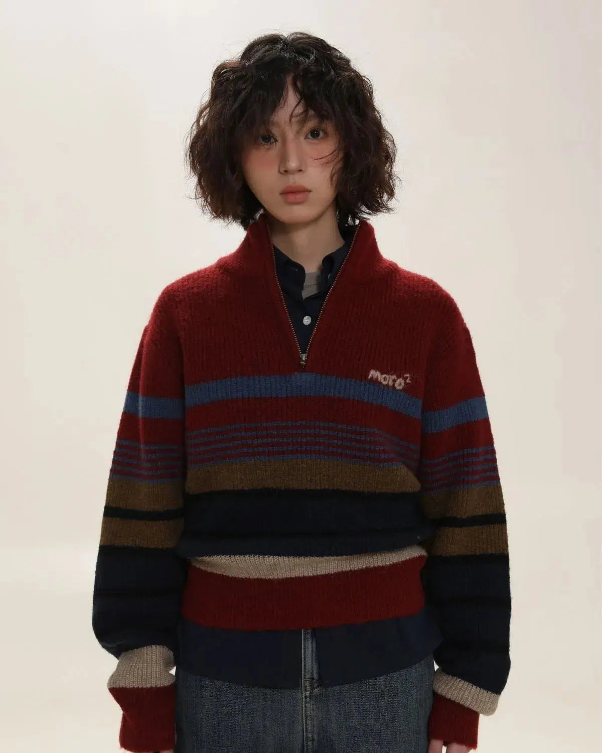 Women's Knit Sweater with Mock Turtleneck -Vintage Aesthetic Knitted Zip Sweater