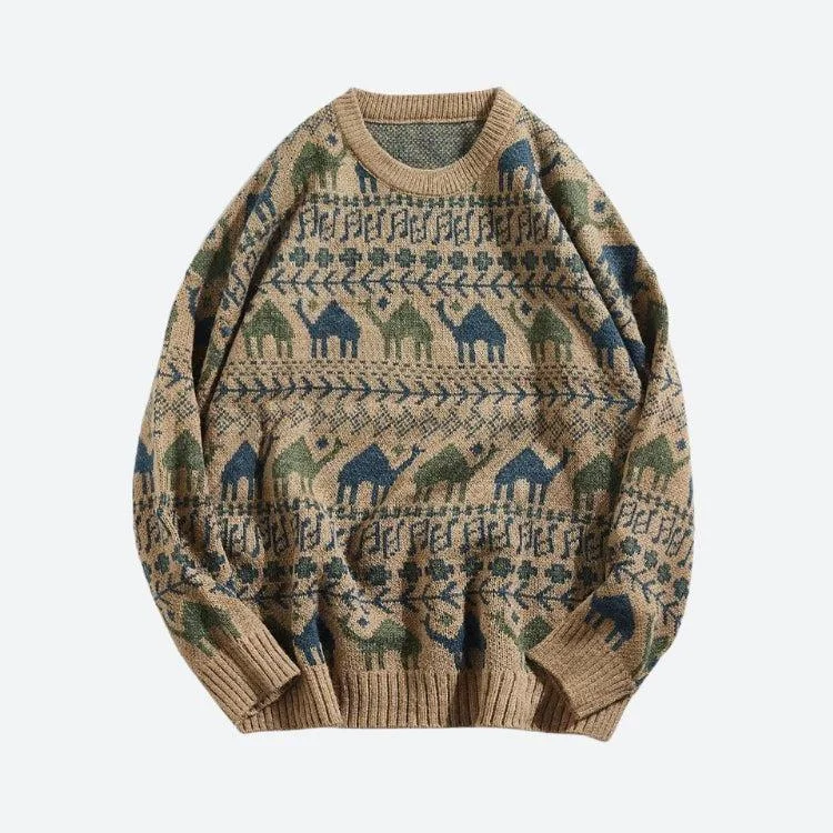 Women's Knit Sweater with Front Pocket -Vintage Camel Knitted Sweater