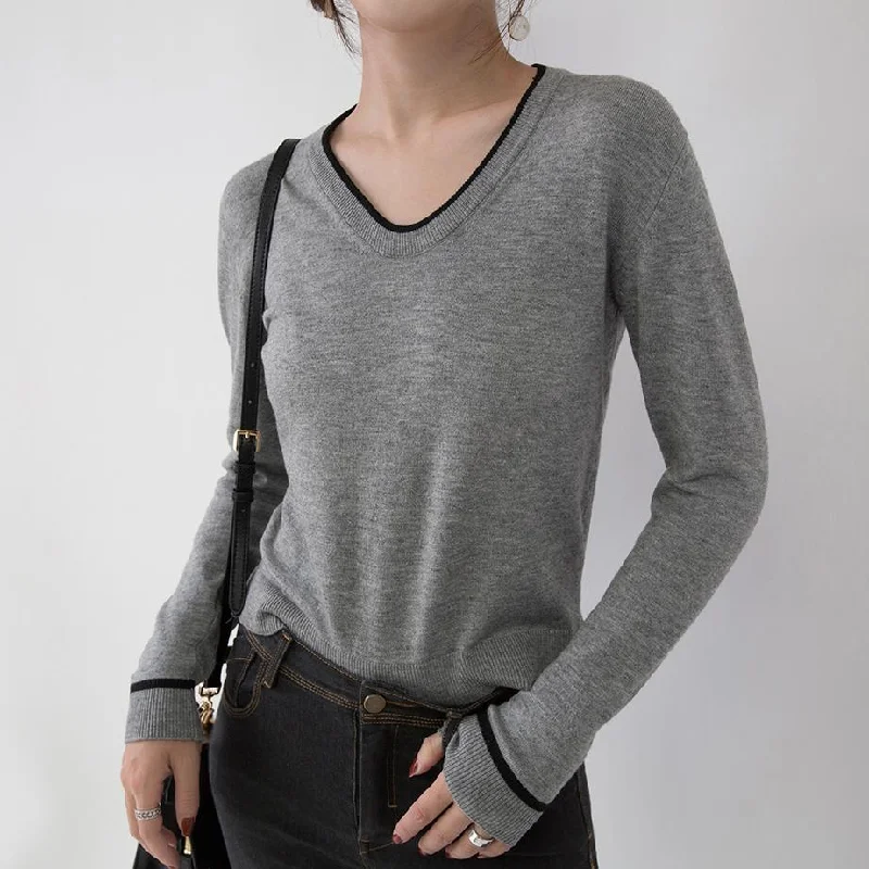 Women's Elegant Blouses -vintage gray knit sweaters oversize V neck knitted blouses Elegant slim side open sweaters